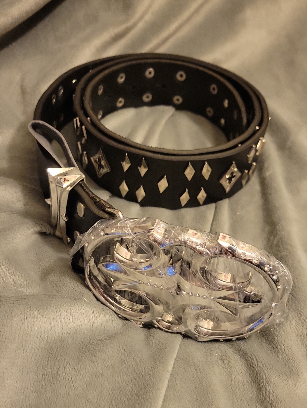 Studded Black Leather Belt with Decorative Silver Buckle